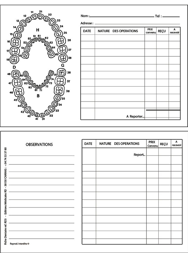 Fiches et pochettes dentaires Fiches dentaires RD3  163230